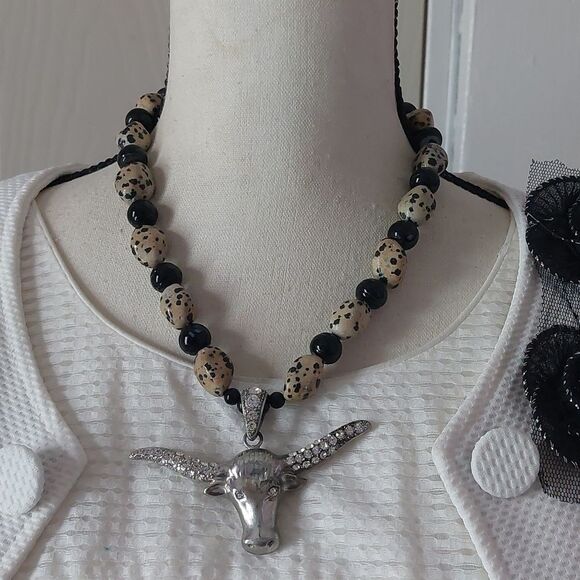 Vintage Texas Longhorn Skull Baphomet Pendant Dalmatian Jasper Stone Necklace - Picture 1 of 8